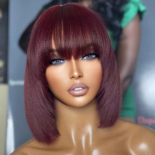 10 Inches Reddish Purple Layered Cut Yaki Straight #99J Lace Bob Wig With Bangs